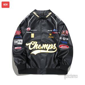 Oversized Faux Leather Bomber Jacket Racing Style Motocross Vintage Streetwear